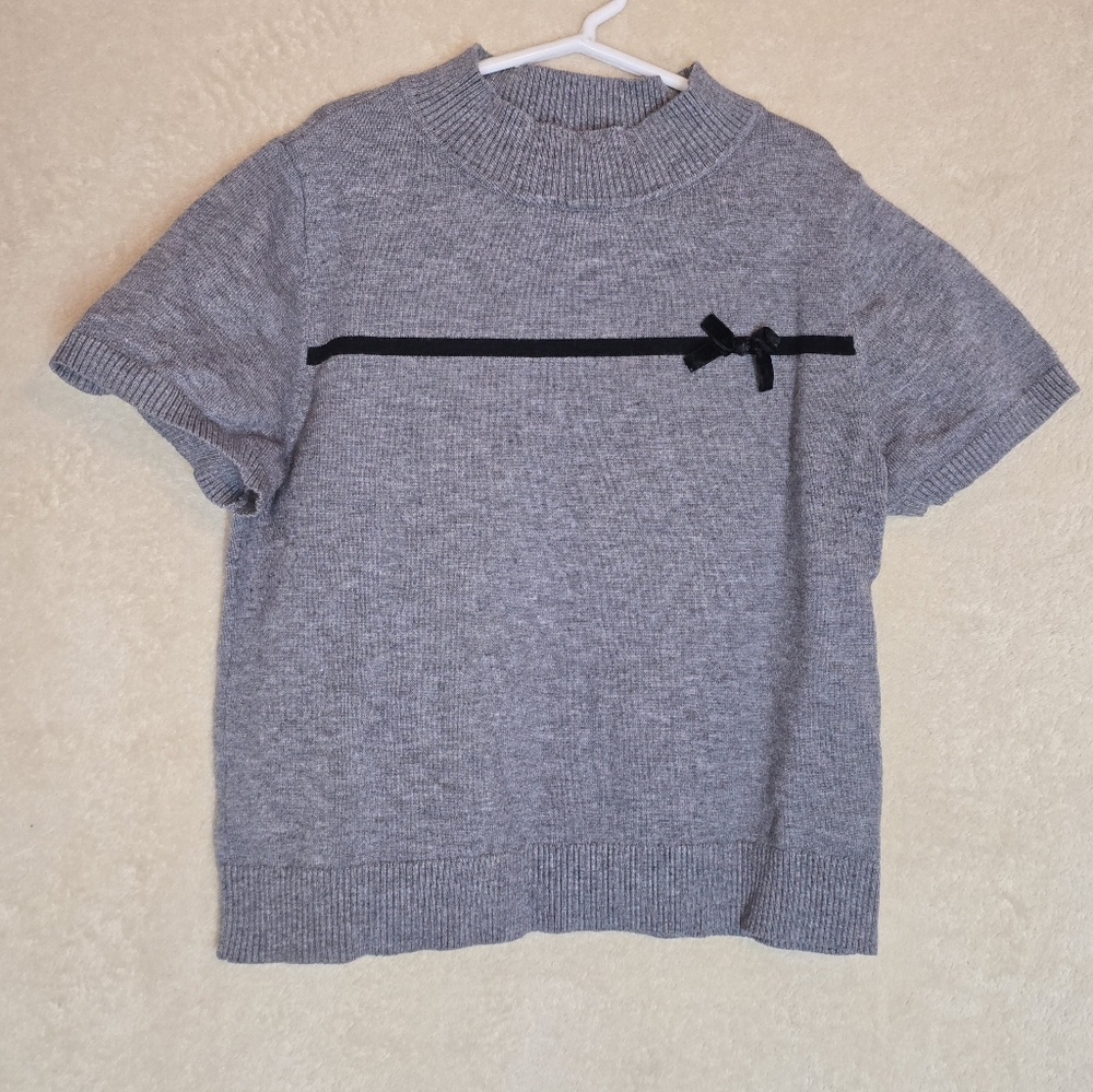 Dazy Girl's Grey Pullover Short Sleeve Sweatshirt Grey Black Stripe Bow Size XL